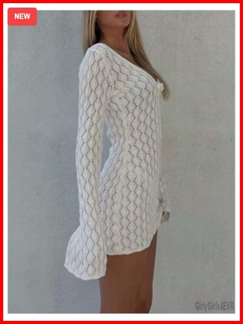Crochet Cut Out Long Sleeve Cover Up Dress Beach Swimsuit Outfit - Picture 2 of 5